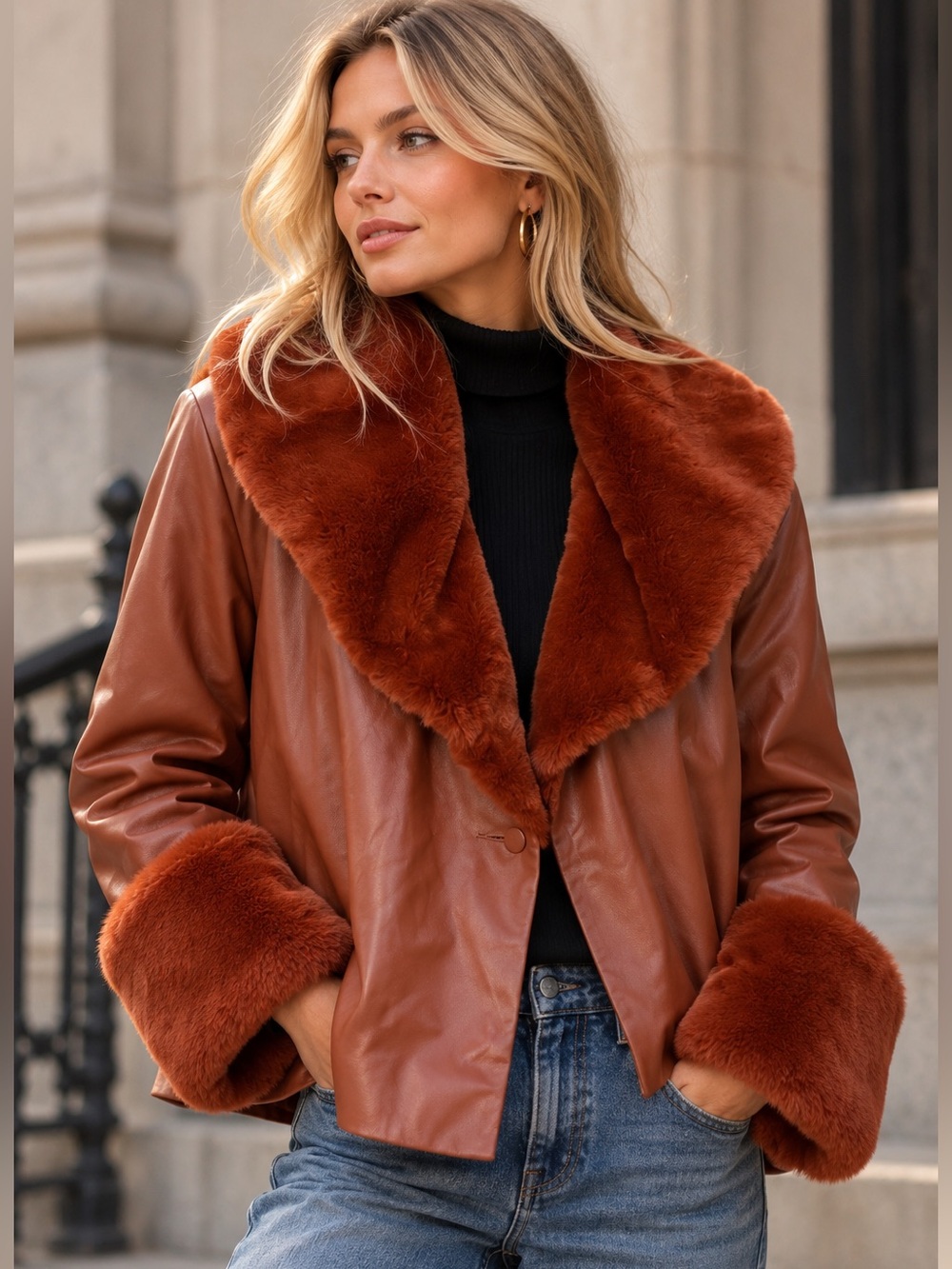 Faux Fur Collar Jacket Rust Size Small Penny Lane Faux Leather